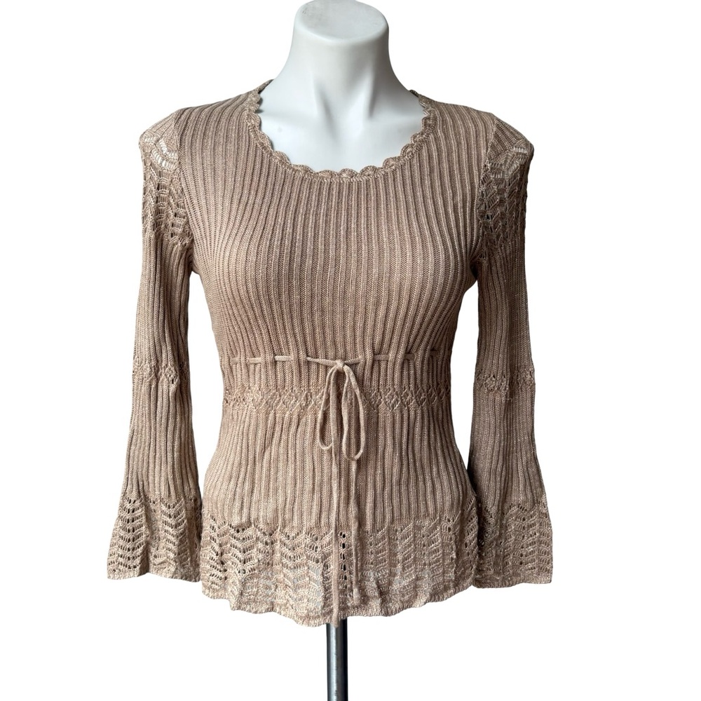 Vintage Bette Paige Ribbed Knit Tan Metallic Long Sleeve Sweater, Sz M